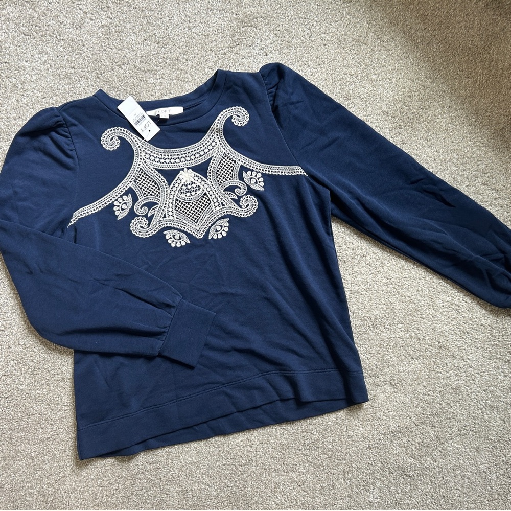 LOFT Dark Blue Long Sleeve Top with White Detailing